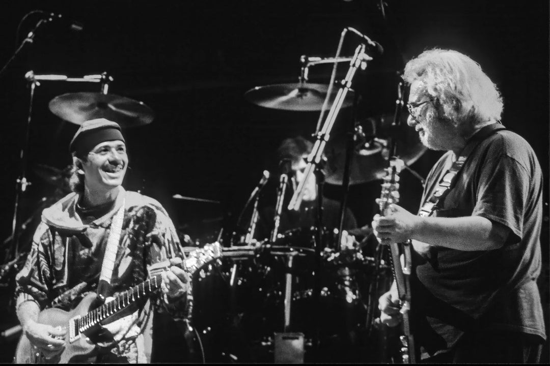 Carlos Santana and Jerry Garcia at Grateful Dead Chinese New Years show (BW) - Susana Millman - Retroactv Merch Inc.