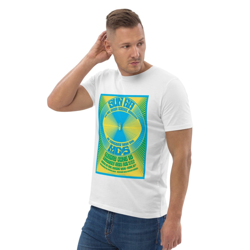“Sun Ra” by Gary Grimshaw Unisex organic cotton t-shirt - White - Retroactv Merch Inc.